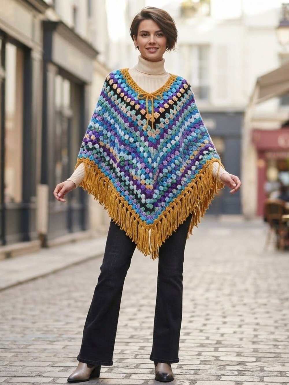 Handmade 70s Crochet Granny Square Poncho Boho Fringe Sweater One Size Multi
